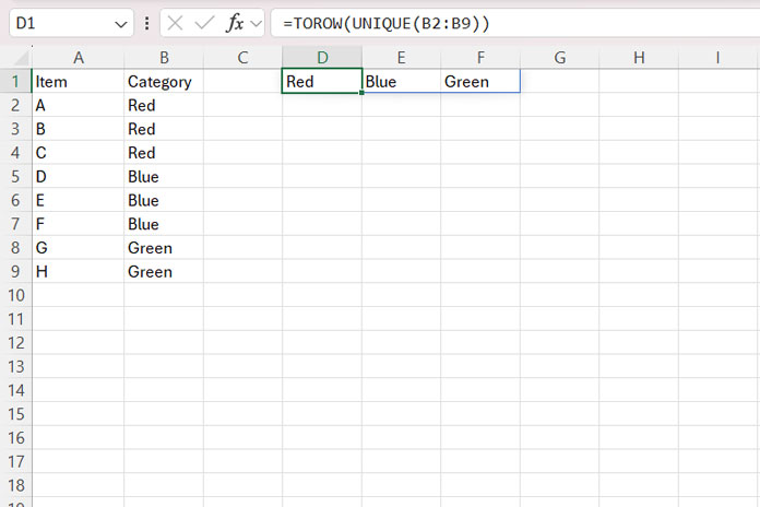 Unique categories used for LAMBDA function application in Excel