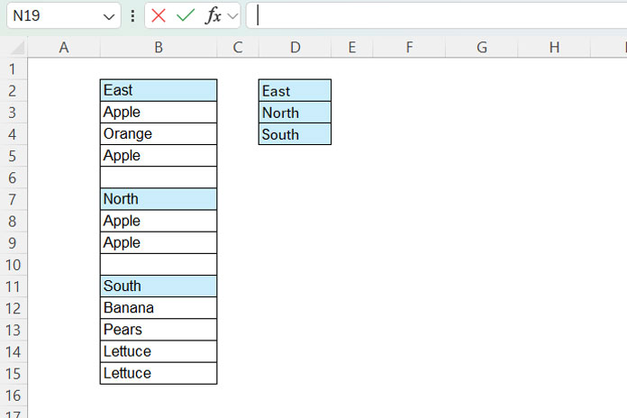 Sample data with lists separated by categories