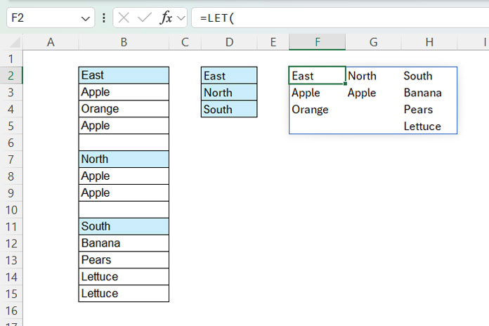 Unique list by section in Excel, displaying distinct values for each category