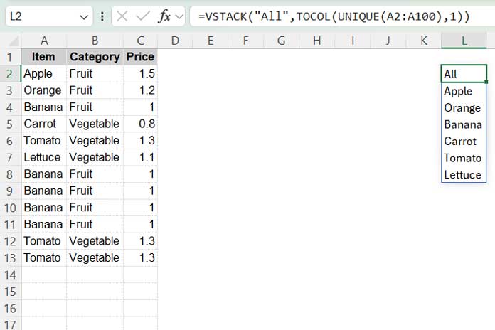 Create a unique list in Excel with an 'All' option