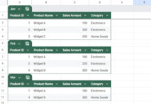 Structured tables arranged vertically in Google Sheets