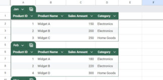 Structured tables arranged vertically in Google Sheets