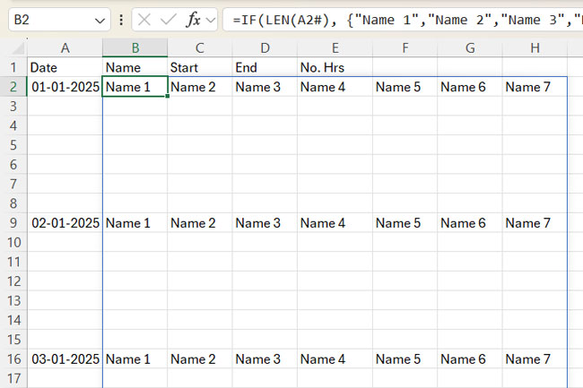 Automatically adding employee names for each date row in Excel using a formula