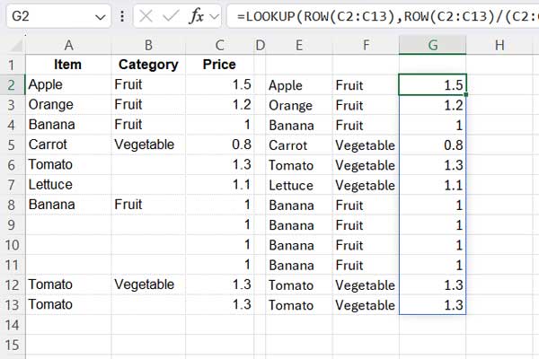 Fill empty cells with the value above in Excel using a dynamic array formula