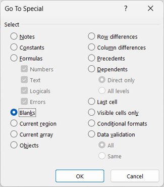 Selecting empty cells using the Go To Special dialog box