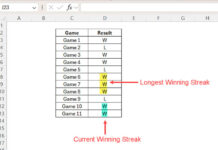 Sample data of wins (W) and losses (L) for winning streak analysis in Excel