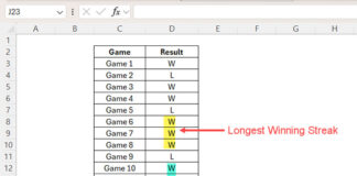 Sample data of wins (W) and losses (L) for winning streak analysis in Excel