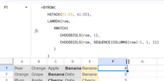 XMATCH Row by Row in Google Sheets Using BYROW Function