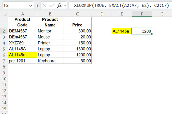 Case-sensitive XLOOKUP in Excel with a single search key using the EXACT function