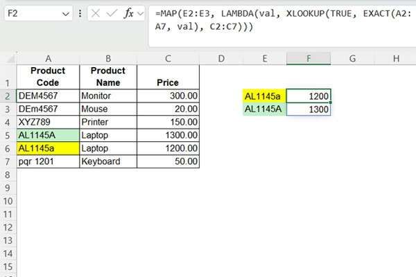 Case-sensitive XLOOKUP in Excel with multiple search keys using the LAMBDA function approach