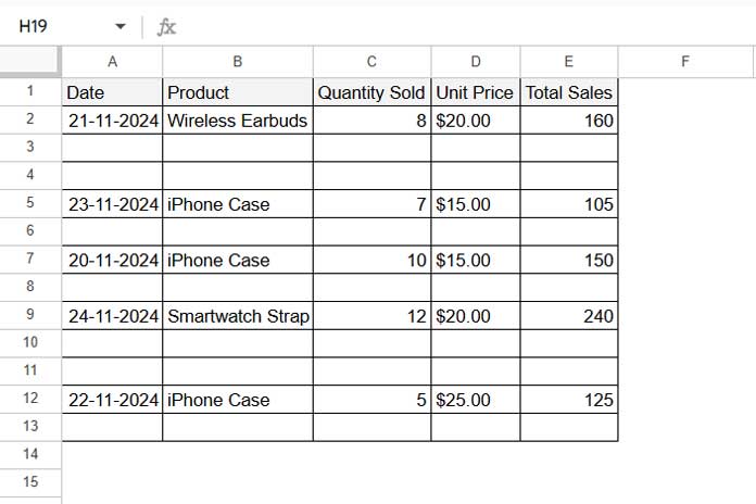 Sample data with blank rows for sorting