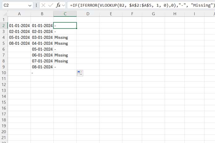 Drag-down formula to find missing dates in Excel