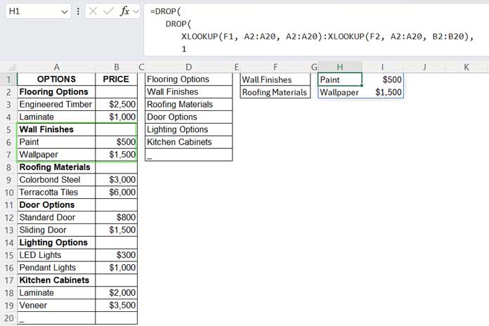 Example of extracting items under a category from the same column in Excel