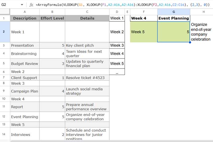 Example of looking up values under categories in Google Sheets using XLOOKUP and VLOOKUP functions