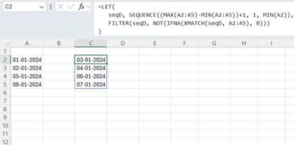 Finding missing dates in Excel using a dynamic array formula