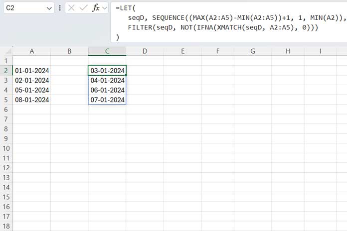 Finding missing dates in Excel using a dynamic array formula