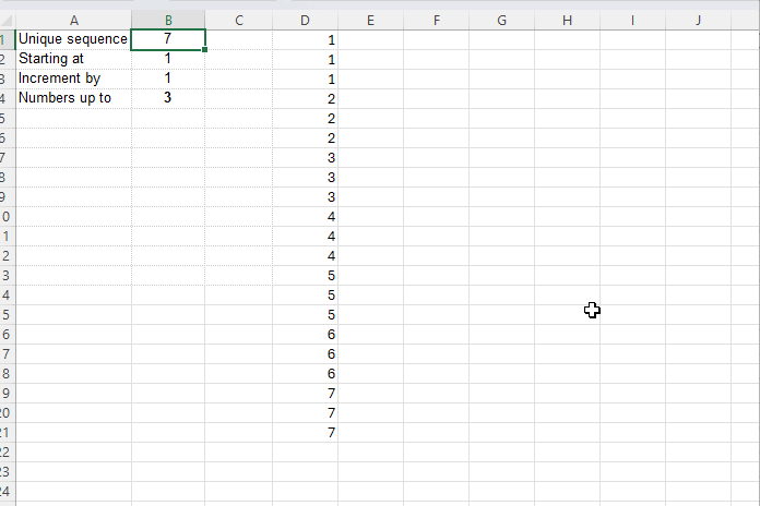 Experimenting with repeating a sequence of numbers in Excel using different parameters