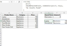 Example of a searchable table in Excel using the FILTER function to search within a specific column