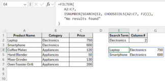 Example of a searchable table in Excel using the FILTER function to search within a specific column