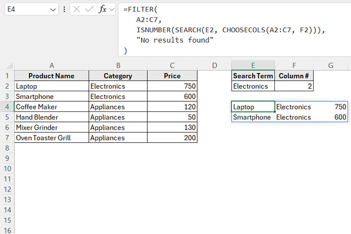 Example of a searchable table in Excel using the FILTER function to search within a specific column