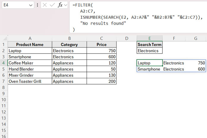 Example of a searchable table in Excel using the FILTER function to search across entire rows