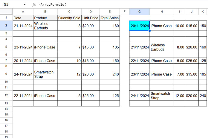 Formula example for sorting data while keeping blank rows intact (Excel and Google Sheets)