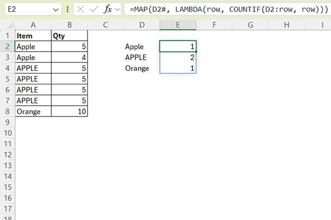 Running count of case-sensitive unique values in Excel