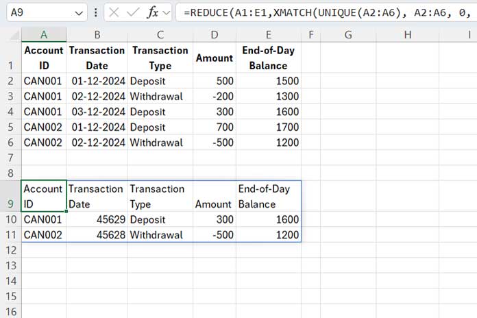 Example of retrieving the last record in each group for time series data in Excel