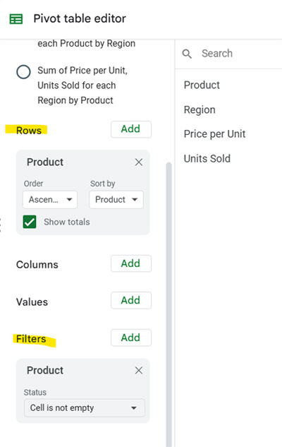 Basic Pivot Table settings, including adding fields and applying filters in Google Sheets