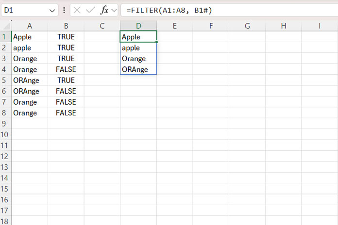 Example of extracting unique values from a column case-sensitively in Excel