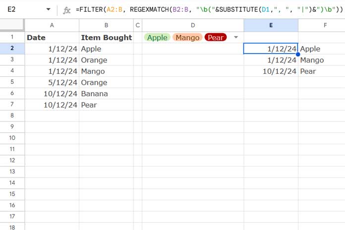 Example of filtering a regular column with a multi-select drop-down in Google Sheets