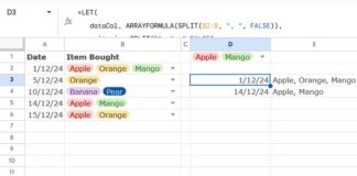 Example of filtering a multi-select column with a multi-select drop-down in Google Sheets