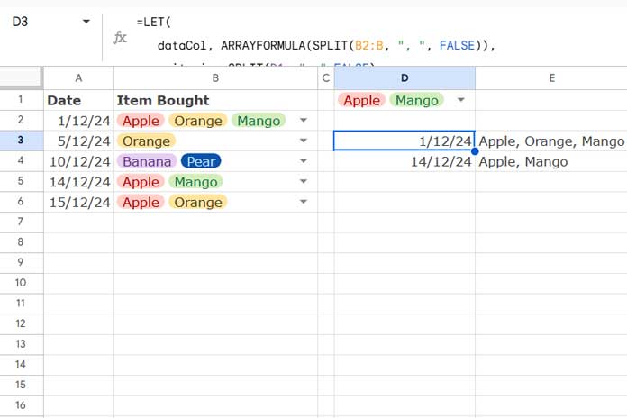 Example of filtering a multi-select column with a multi-select drop-down in Google Sheets