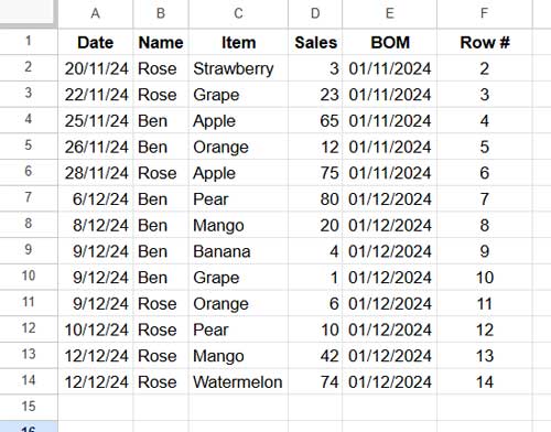 BOM (Beginning of Month) dates and ROW (Row) numbers used as helper columns