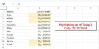 Sample Data and Highlighting of Upcoming Birthdays in 30 Days