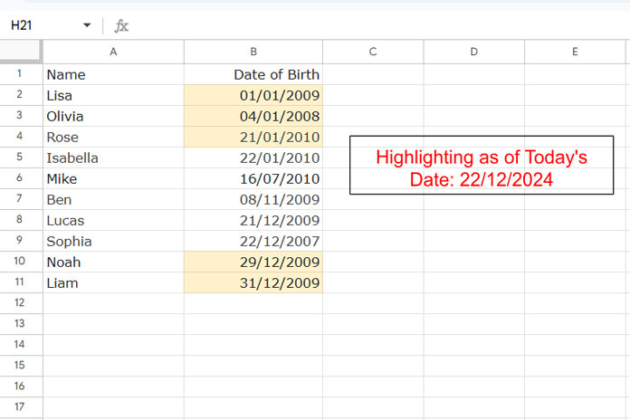 Sample Data and Highlighting of Upcoming Birthdays in 30 Days