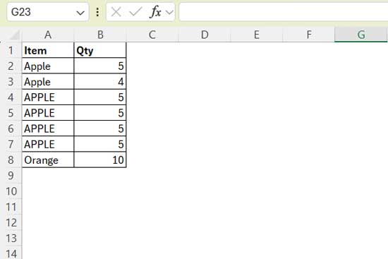 Sample data for creating and testing a case-sensitive Pivot Table in Excel