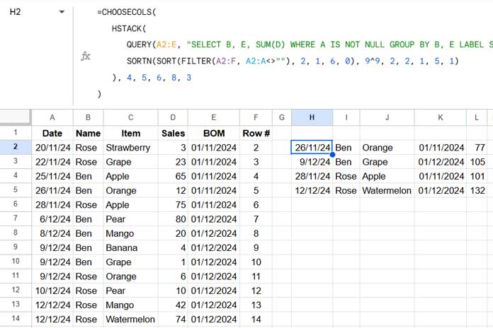 Example of summarizing data by Name and Month and retaining the last record in Google Sheets