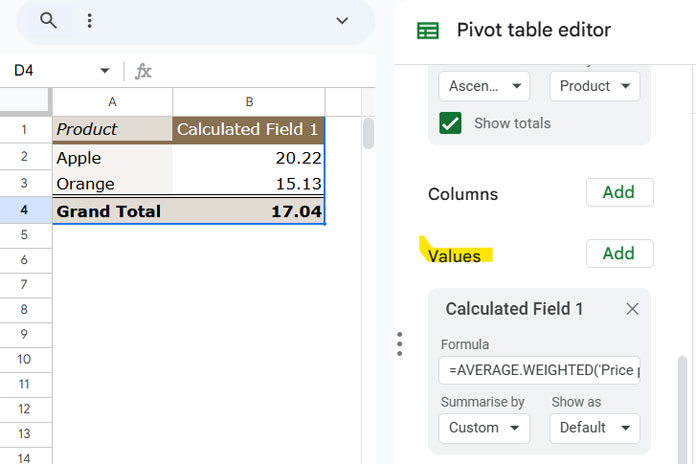 Calculated field for weighted average in the Pivot Table