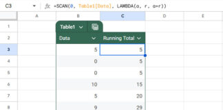 Running total using structured table references in Google Sheets - array formula