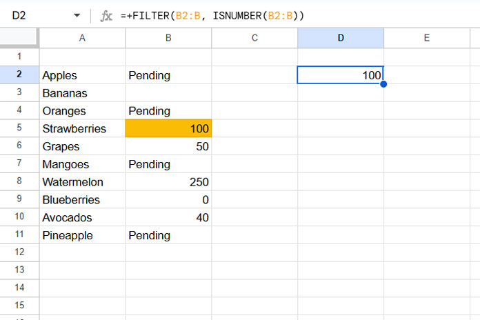 Example of Extracting the First Numeric Value in a Range in Google Sheets