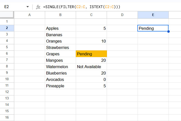 Example of Extracting the First Text Value in a Range in Google Sheets