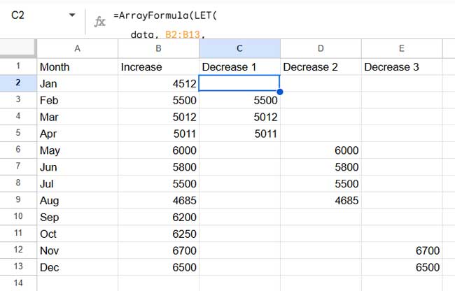 Dynamically created helper columns for a multi-colored line chart in Google Sheets