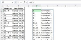 Example of hierarchical number sorting in Excel, demonstrating how numbers are organized in a multi-level structure