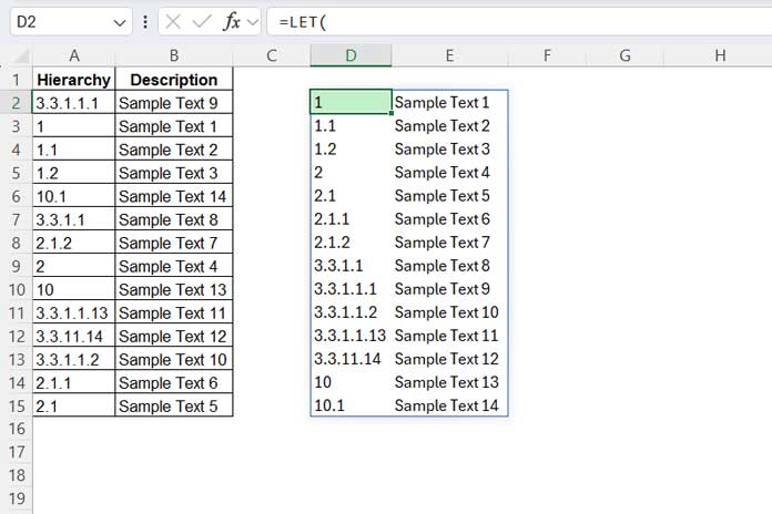 Example of hierarchical number sorting in Excel, demonstrating how numbers are organized in a multi-level structure