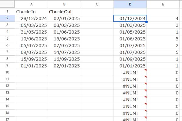 Calculating the number of nights for the check-in month using a formula in Google Sheets