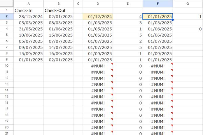 Calculating the number of nights in the check-out month using a formula in Google Sheets