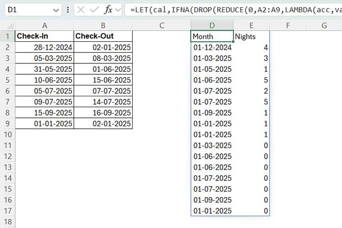 Dynamic Array Formula for Calculating Nights in Each Month in Excel