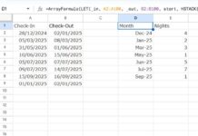 Calculating the number of nights in each month for multiple check-in and check-out date records in Google Sheets