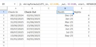 Calculating the number of nights in each month for multiple check-in and check-out date records in Google Sheets